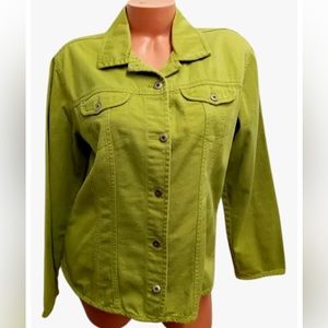 🍀 Chico's Green Denim Multi Pocket Stretch 100% Cotton Jacket Size 2, 12/14, L